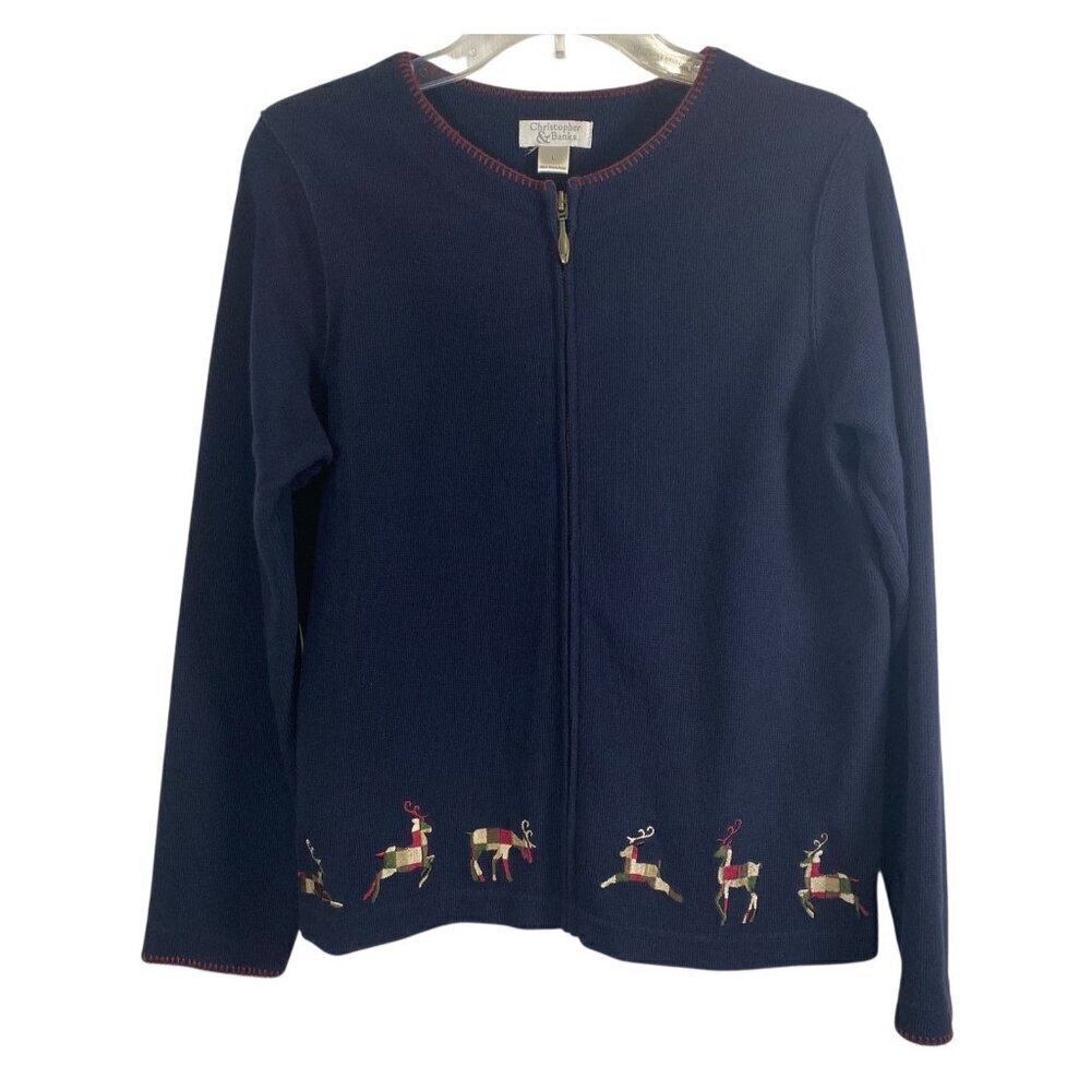 Christopher & Banks Cardigan Sweater Full Zip Size Large - READ- Blue Reindeer